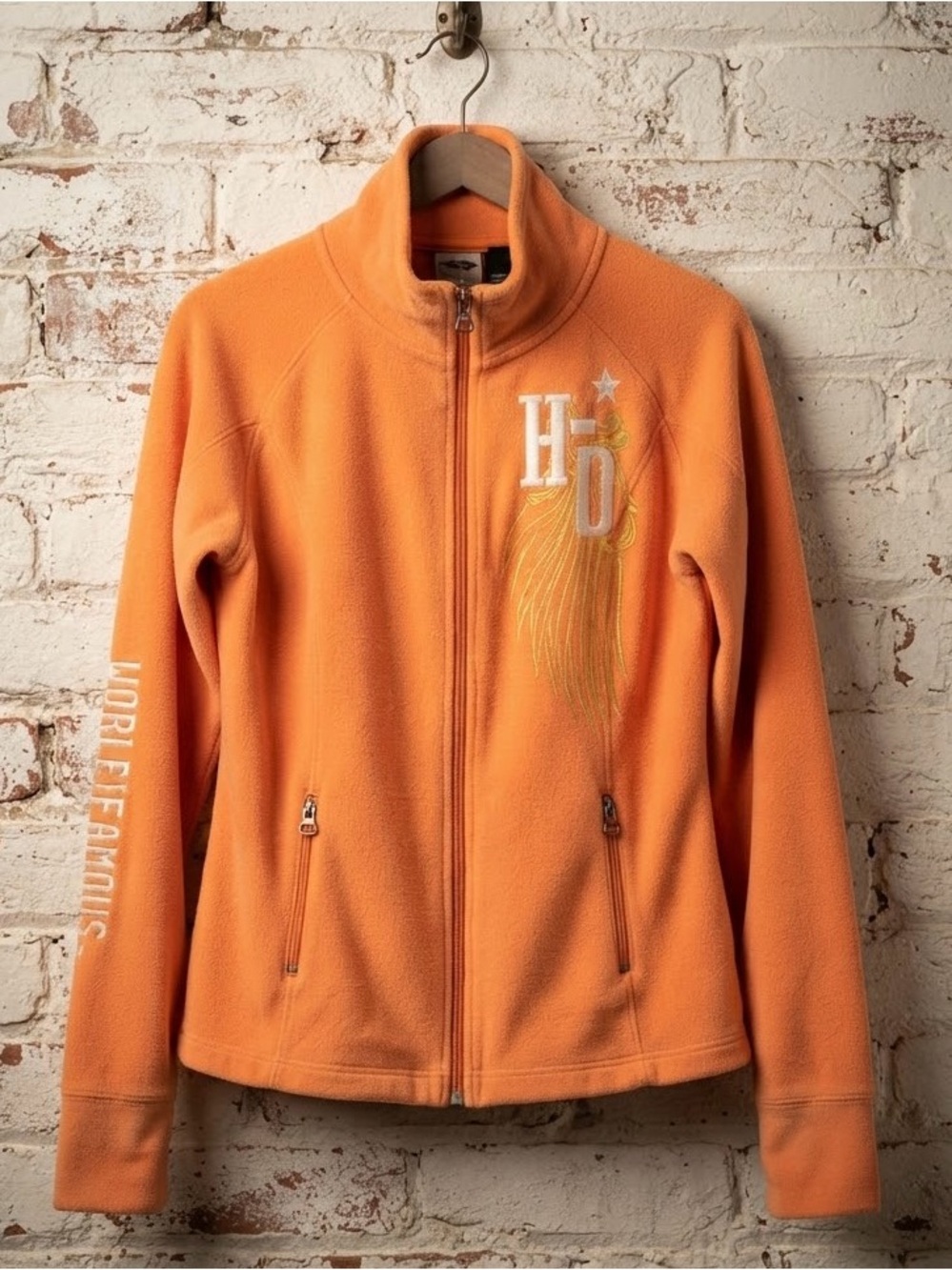 Harley Davidson Orange Fleece Zip-Up Jacket Thumb Cuffs